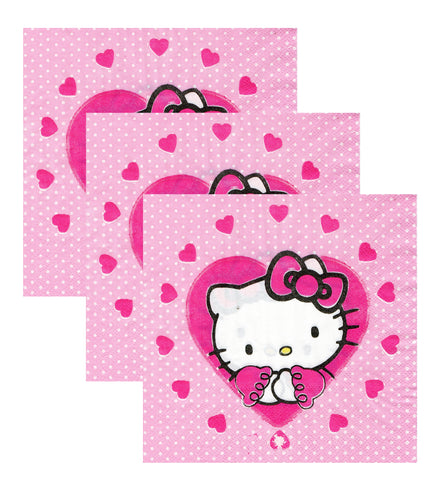 Servetele Decorative de Masa pentru Petrecere Party Pisicuta Hello Kitty Pink Heart Aniversari Copii Set 10 buc 33x33 cm