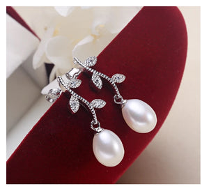 Cercei cu Perle Naturale de Cultura cu Strasuri Rhinestone Cristal Placati cu Argint Lacrima Floare Alb