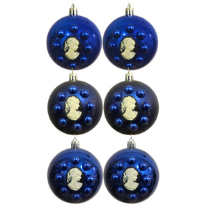 Set Globuri de Craciun Vintage cu Lady Camee 3D si Perle Albastru-Negru 6 buc 8 cm