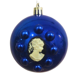 Set Globuri de Craciun Vintage cu Lady Camee 3D si Perle Albastru-Negru 6 buc 8 cm