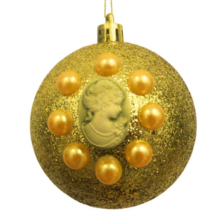Set Globuri de Craciun Vintage cu Lady Camee 3D si Perle Ornamente de Brad Pom Auriu-Galben 6 buc 8 cm Glitter