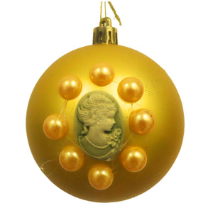 Set Globuri de Craciun Vintage cu Lady Camee 3D si Perle Ornamente de Brad Pom Auriu-Galben 6 buc 8 cm perlate