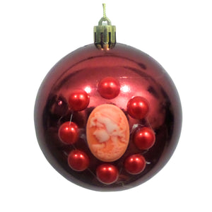Set Globuri de Craciun Vintage cu Lady Camee 3D si Perle Ornamente de Brad Pom Visiniu-Portocaliu 6 buc 8 cm Rosii Lucioase