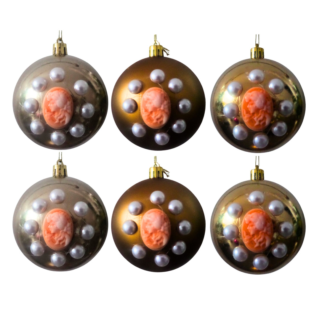 Set Globuri de Craciun Vintage cu Lady Camee 3D si Perle Ornamente de Brad Pom Bronz-Portocaliu 6 buc 8 cm