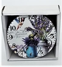 Încărcați imaginea în Galerie, Ceas de Perete Rotund Cadou Vintage Style Lavanda in Stropitoare Albastra pe Carte Postala 12 cm