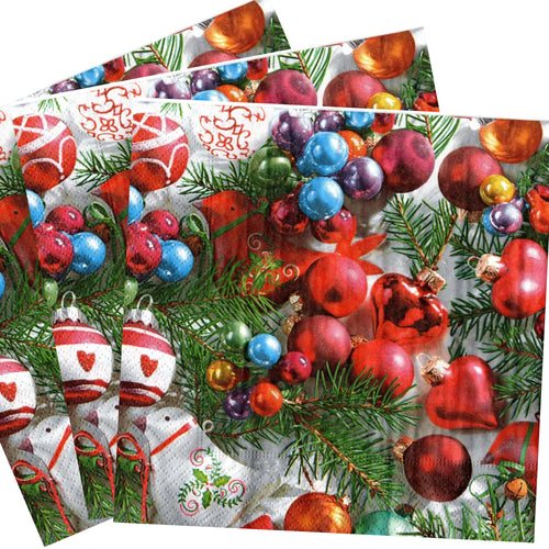 Servetele Decorative de Masa cu Globuri de Craciun Pachet 20 Buc Mici Rosii Ornamente de Brad 33x33 cm