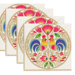 Servetele de Masa cu Motive Traditionale Taranesti 2 Cocosi Etnic Crem Pachet 10 buc 33x33 cm Decorative de masa