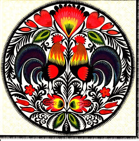 Servetele de Masa cu Motive Traditionale Taranesti 2 Cocosi Etnic Rosu Pachet 10 buc 33x33 cm
