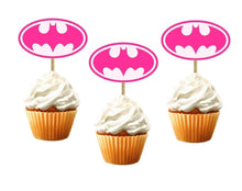Încărcați imaginea în Galerie, Set 20 buc Scobitori Decorative Cupcake Toppers Candy Bar Muffin Petreceri Party Fetite Emblema Batgirl Roz Batman Nunti Botezuri