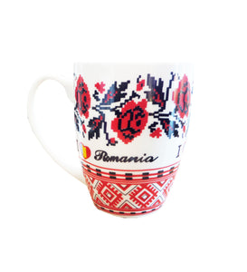 Cana de Apa Ceramica Motive Traditionale I Love Romania Broderie Trandafiri Alb
