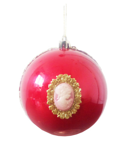 Glob de Craciun Brad Pom Lady Camee Rosu Perlat Lucios cu Auriu 10 cm Cadou Mos Craciun Iarna