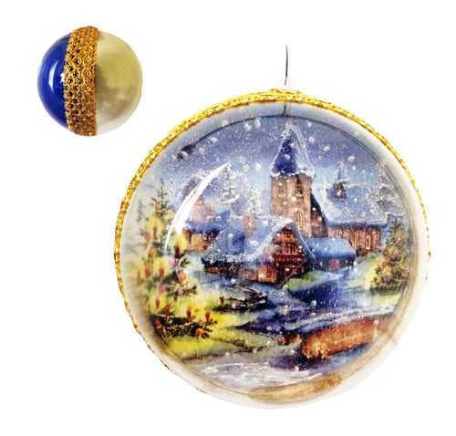 Glob de Craciun pentru Sarbatori de Brad 14 cm Mare Cadou Peisaj Iarna Albastra-Aurie cadou Copii Pom Iarna
