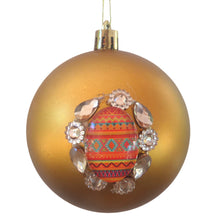 Încărcați imaginea în Galerie, Set Globuri de Craciun Portocalii de Brad Pom 3 buc cu Motive Traditionale cu Covor Taranesc Popular Auriu Bronz 8 cm cadou Ornamente de 80 mm