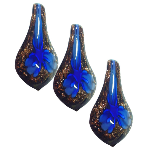 Bijuterie Cadou din Margele Lampa Pandantiv din Sticla de Murano Model Lacrima cu Flori Branduse Albastru Intens Regal 30x60 mm
