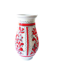 Vaza cu Motive Traditionale Populare Taranesti Romanesti din Ceramica de Corund Rosie Flori si Pasare 24 cm Romania Romanesti