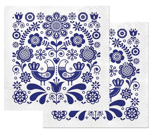 Set Party Servetele cu Motive Traditionale Taranesti Paunite Delft Blue Pachet 5 buc 33x33 cm