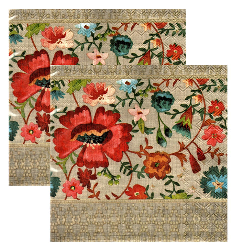 Set Party Servetele cu Motive Populare Traditionale Broderie Populara Broderie Covor de Maci Rosii Crem 5 buc 33x33 cm