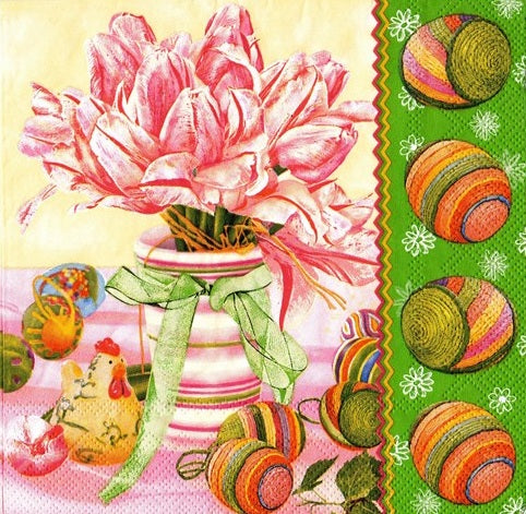 Servetele Decorative de Masa din Hartie Model cu Paste Pachet Lalele Roz si Oua Pictate Set 10 buc 33x33 cm