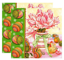 Încărcați imaginea în Galerie, Servetele Decorative de Masa din Hartie Model cu Paste Pachet Lalele Roz si Oua Pictate Set 10 buc 33x33 cm reciclabila