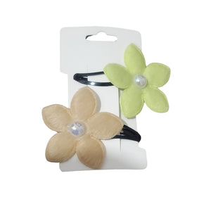 Accesorii de Par Set 2 Agrafe Copii Clame cu Flori Margarete de Plus Textil Crem-Galben cu Cabochon din Perle perla