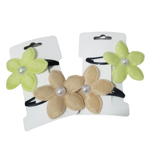Set 2 Agrafe Copii Clame cu Flori Margarete de Plus Textil Crem-Galben cu Cabochon din Perle