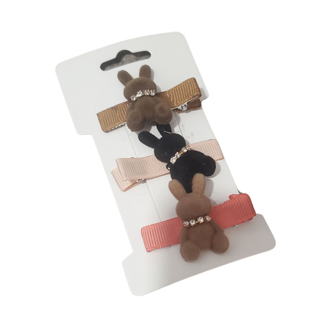 Set 3 Agrafe pentru Copii Clame Crocodil Fetite Iepurasi cu Strasuri de Plus Maro-Crem-Negru
