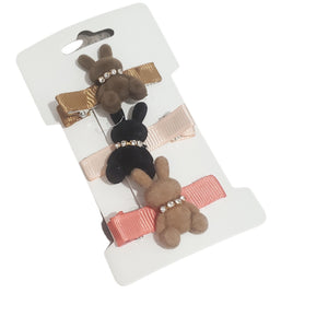 Set 3 Agrafe pentru Copii Clame Crocodil Fetite Iepurasi cu Strasuri de Plus Maro-Crem-Negru