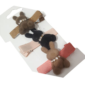 Set 3 Agrafe pentru Copii Clame Crocodil Fetite Iepurasi cu Strasuri de Plus Maro-Crem-Negru