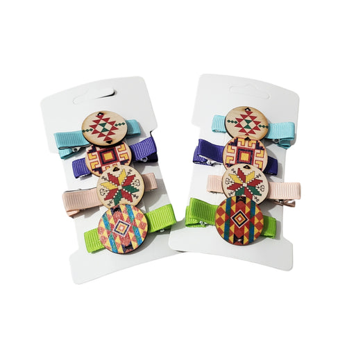 Set 4 Agrafe cu Motive Traditionale Taranesti Populare Clame Par Crocodil Cabochon Lemn