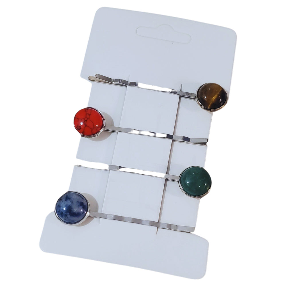 Accesorii de Par Set 4 Agrafe cu Pietre Semipretioase 7 Chackra Malachit Ochi de Tigru Turcoaz Rosu Sodalit Aventurin Cabochon 12 mm