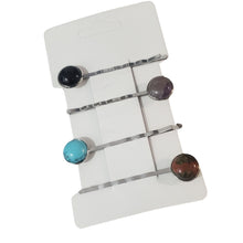 Încărcați imaginea în Galerie, Accesorii de Par Set 4 Agrafe cu Pietre Semipretioase 7 Chackra Onix Negru Ametist Unakit Turcoaz Albastru Cabochon 12 mm caboson 1.20 cm piatra semipretioasa