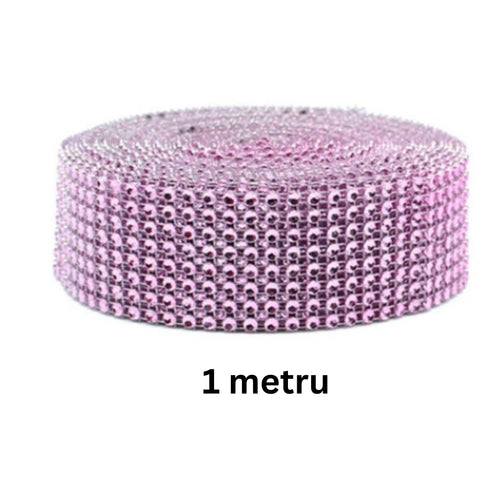 Banda Panglica cu Strasuri Decorativa de Lipit Aplicat din Acril 8 Siruri Rhinestones Roz-Mov Pal 1 m
