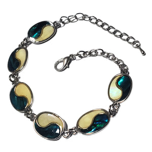 Bratara din Pietre SemiPretioase Scoica Paua Shell Alb-Turcoaz din Argint Tibetan Oval Cabochon Ying si Yang