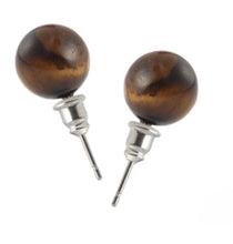 Încărcați imaginea în Galerie, Cercei Butoni Rotunzi Bila Margele din Piatra Semi-Pretioasa Cabochon Ochi de Tigru Maro 6 mm cu surub pietre semipretioase