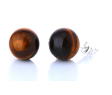 Încărcați imaginea în Galerie, Cercei Butoni Rotunzi Bila Margele din Piatra Semi-Pretioasa Cabochon Ochi de Tigru Maro 10 mm cu surub 1 cm