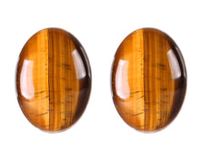 Încărcați imaginea în Galerie, Cercei Butoni Huggy Cabochon Oval din Piatra Semi-Pretioasa Ochi de Tigru 13x18 mm