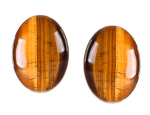 Încărcați imaginea în Galerie, Cercei Butoni Huggy Cabochon Oval din Piatra Semi-Pretioasa Ochi de Tigru 13x18 mm