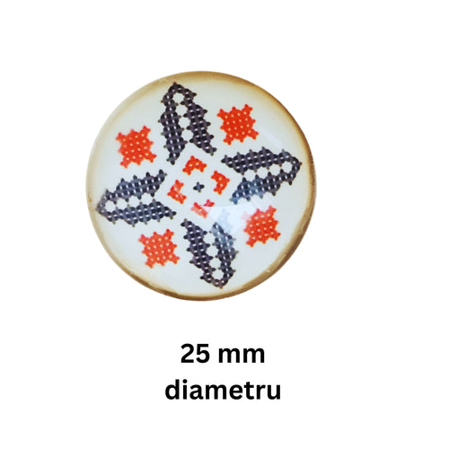 Cabochon din Sticla Transparenta cu Motive Traditionale Taranesti Populare Rotund Cruce X Rosu-Negru 25 mm