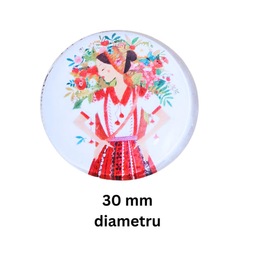 Cabochon din Sticla Transparenta cu Motive Traditionale Taranesti Populare Rotund Tarancuta cu Flori Multicolore 30 mm