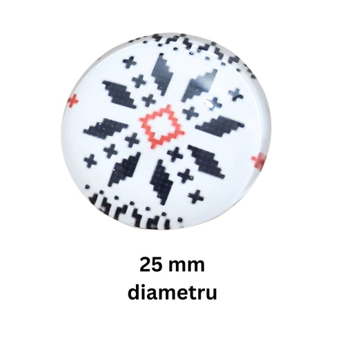 Cabochon din Sticla Transparenta cu Motive Traditionale Taranesti Populare Rotund Fulg de Nea Negru 25 mm