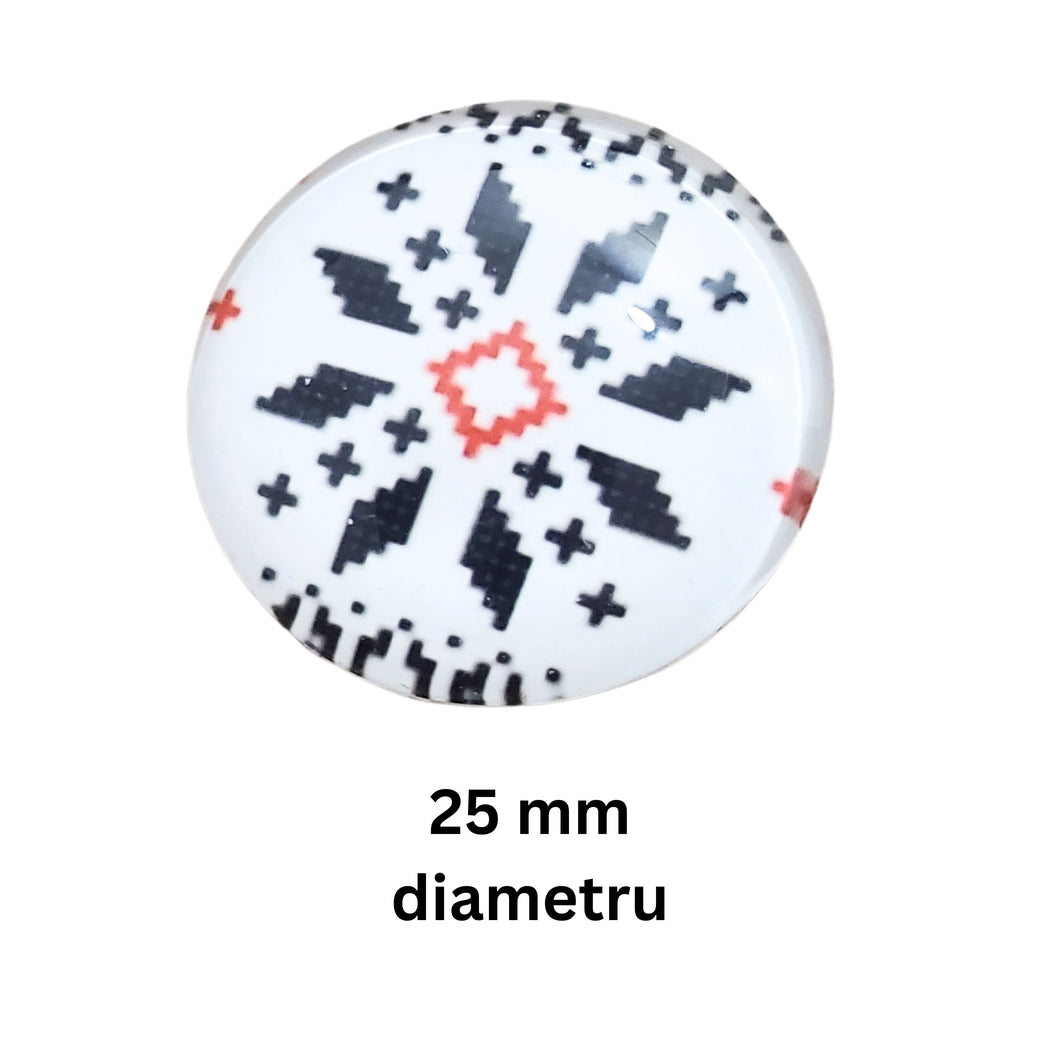 Cabochon din Sticla Transparenta cu Motive Traditionale Taranesti Populare Rotund Fulg de Nea Negru 25 mm
