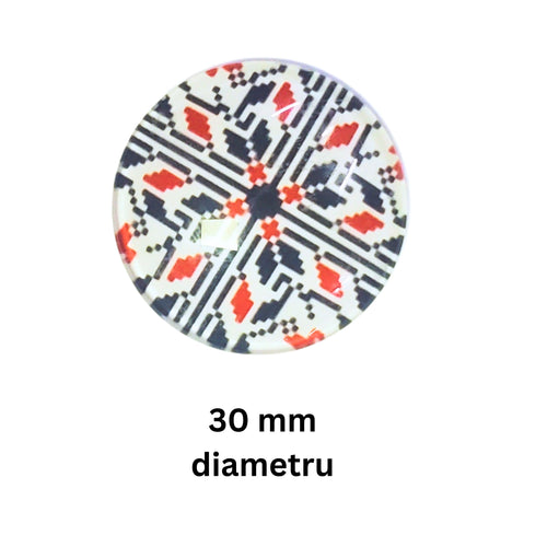 Cabochon din Sticla cu Motive Traditionale Taranesti Populare Rotund Broderie Rosie-Neagra 30 mm