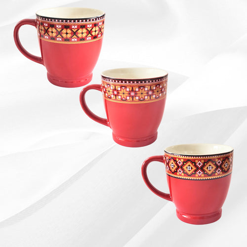 Set 3 Cani cu Motive Traditionale Taranesti Populare Romanesti din Ceramica Broderie Camasa Taraneasca 7x8 cm 270 ml