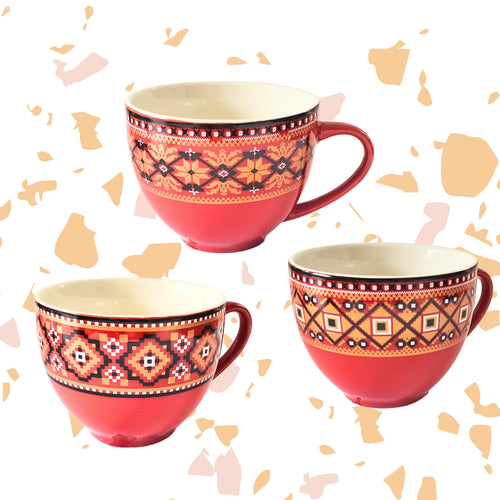 Set 3 Cani cu Motive Traditionale Taranesti Populare Romanesti din Ceramica Broderie Camasa Taraneasca 7x8x8 cm 240 ml
