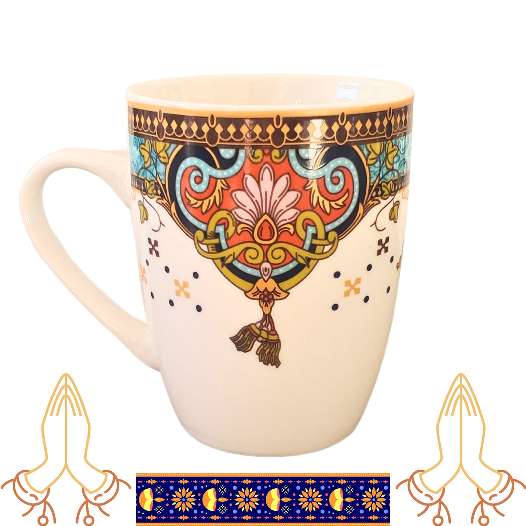 Cana de Apa din din Ceramica Portelanata cu Motive Indiene Mandala Turcoaz-Auriu 260 ml