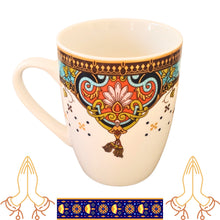 Încărcați imaginea în Galerie, Cana de Apa din din Ceramica Portelanata cu Motive Indiene Mandala Turcoaz-Auriu 260 ml Alb Turcoaz Auriu