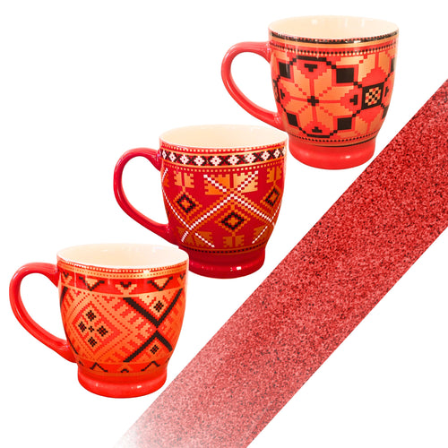 Set 3 Cani cu Motive Traditionale Taranesti Populare Romanesti din Ceramica Broderie Covor Taranesc 7x8 cm 270 ml