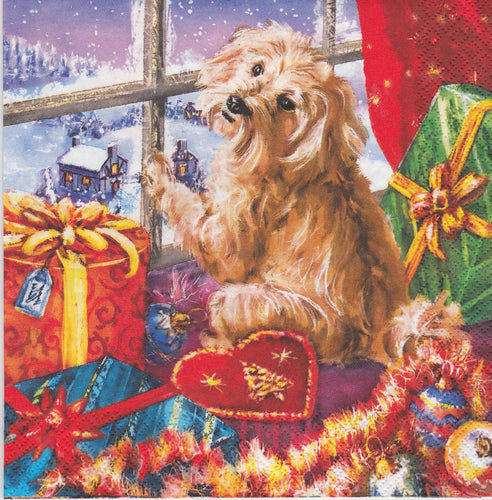 Servetel de Colectie Craciun pentru Tehnica Decoupage O Fetita Catel la Geam 33x33 cm