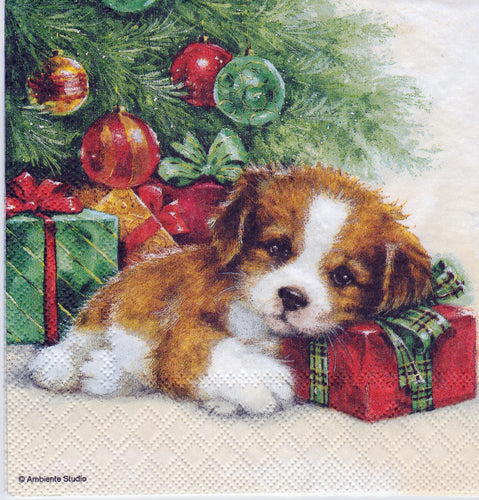 Servetel de Colectie Craciun pentru Tehnica Decoupage Colectionari Mic Catel langa Brad 25x25 cm