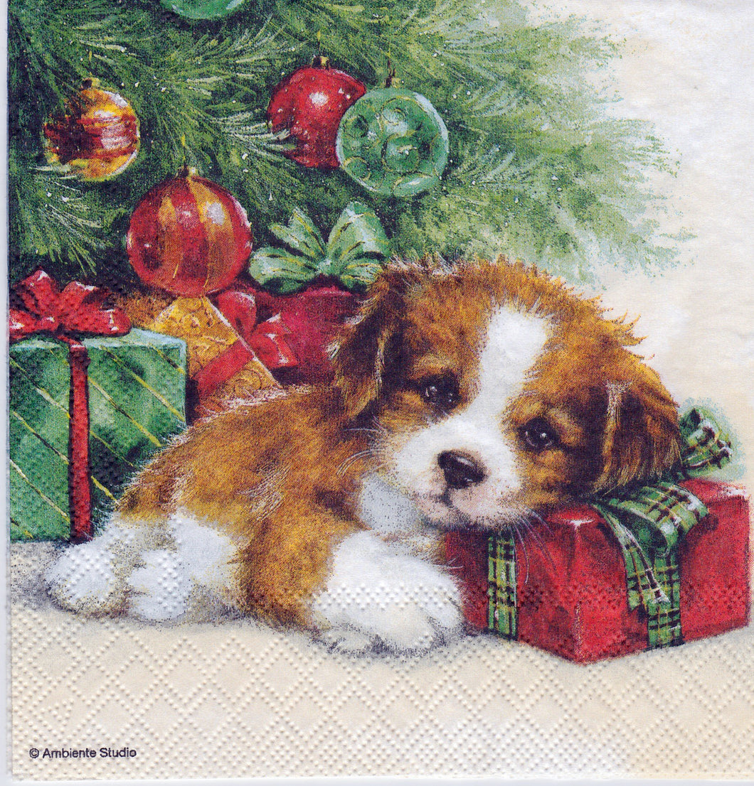 Servetel de Colectie Craciun pentru Tehnica Decoupage Colectionari Mic Catel langa Brad 25x25 cm